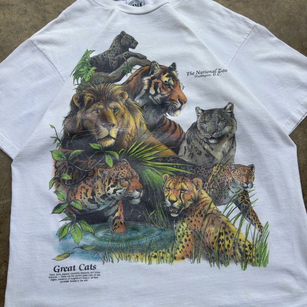 Vintage 90s Turner National Zoo Great Cats Nature Animal Tee White XL (i3)